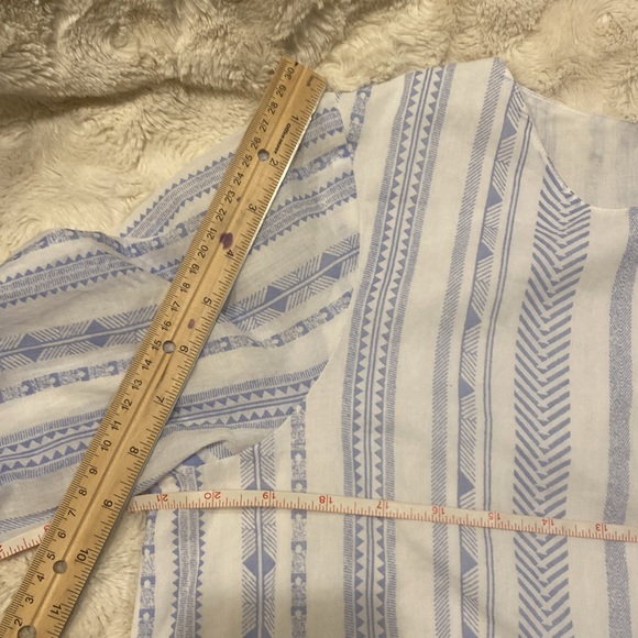 SAIL to SABLE white with blue stripes cotton blouse with pom poms  size Large - Picture 10 of 11